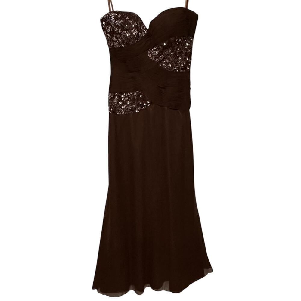 Jovani Strapless Pleated Sequence Full Length Evening Prom Gown Brown (16) - Picture 2 of 13